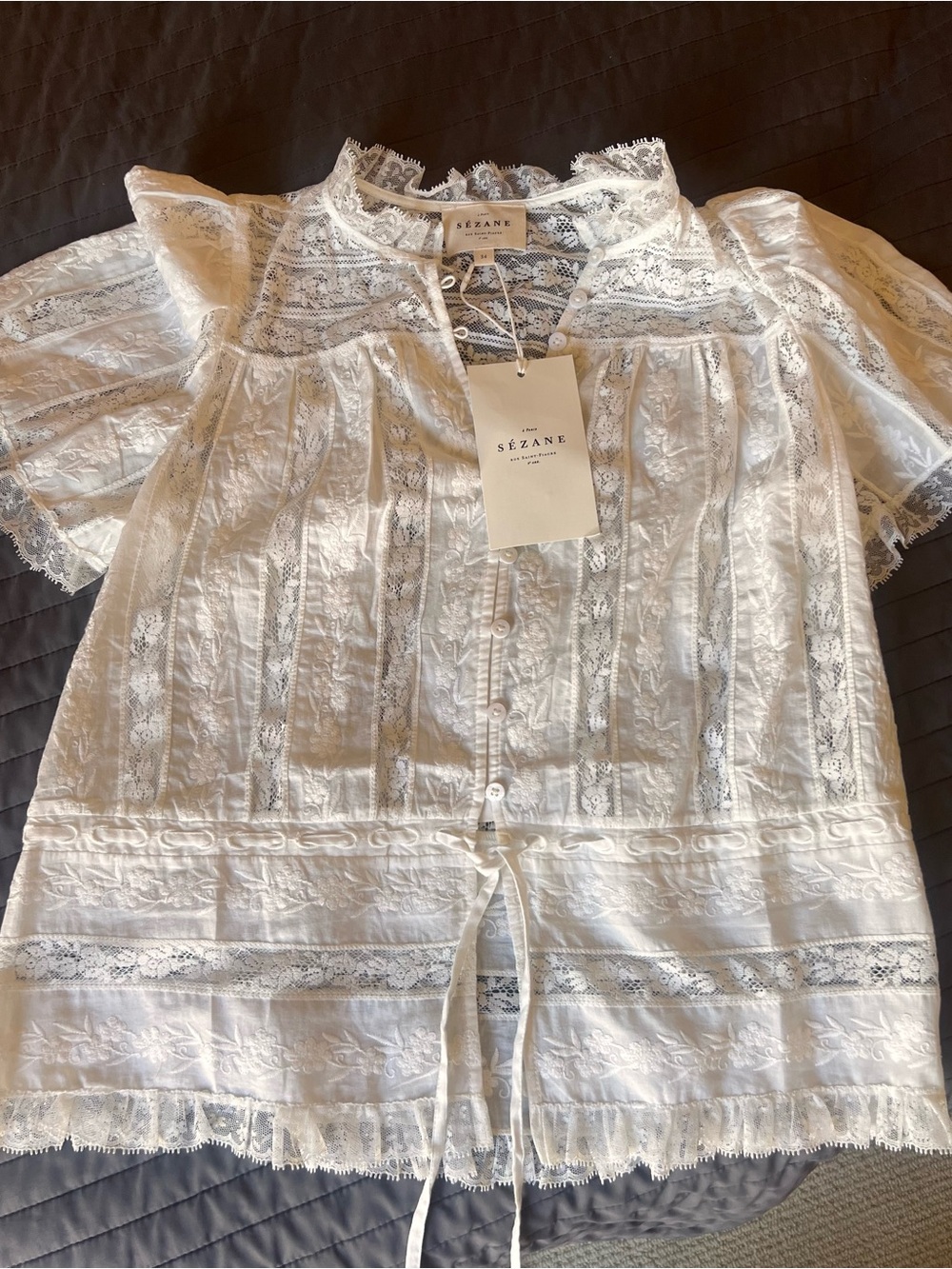 Sézane White Lace Button-Front Blouse